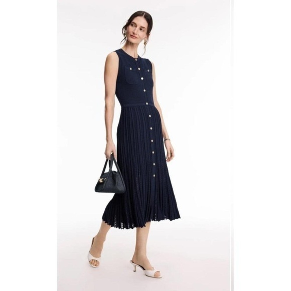 Maje navy sleeveless knit midi dress with gold buttons, size 34 #midi #pleated